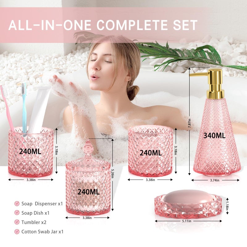 QIQU Pink Bathroom Accessories Set  5 Pcs Premium Glass Bathroom Accessory Set with Vanity Organizer  Lotion Dispenser  Soap Dish  Bathroom Tumbler  Cotton Swab Jars - Image 2
